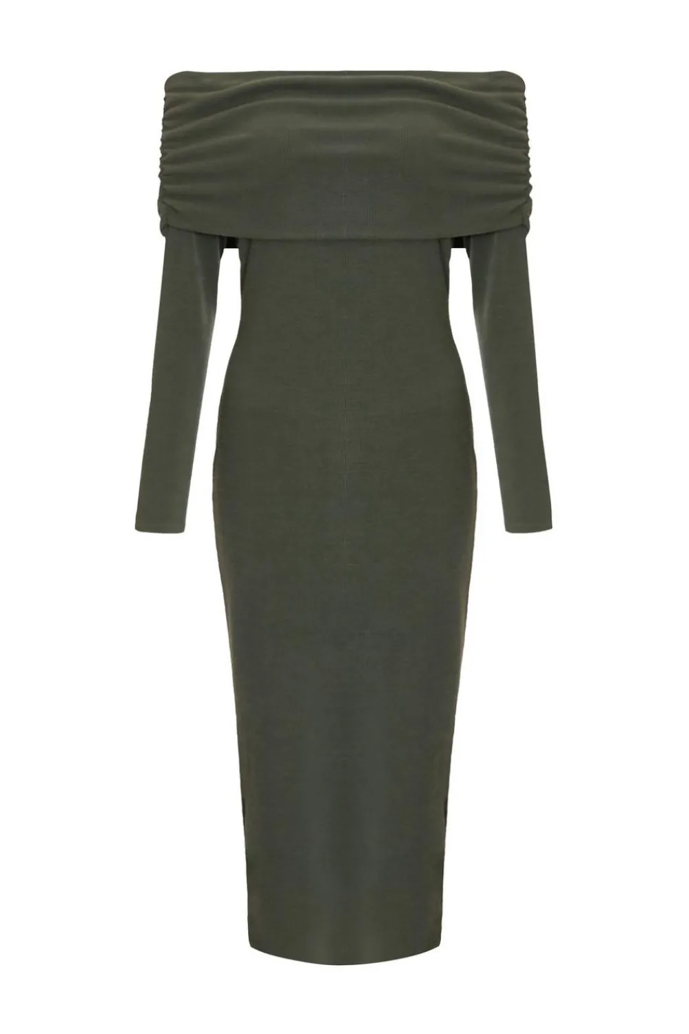 Quiz Going Out|Knitwear>Petite Khaki Ribbed Bardot Midi Dress