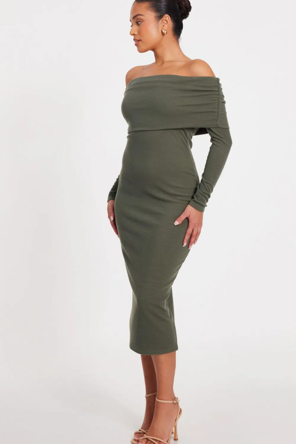 Quiz Going Out|Knitwear>Petite Khaki Ribbed Bardot Midi Dress