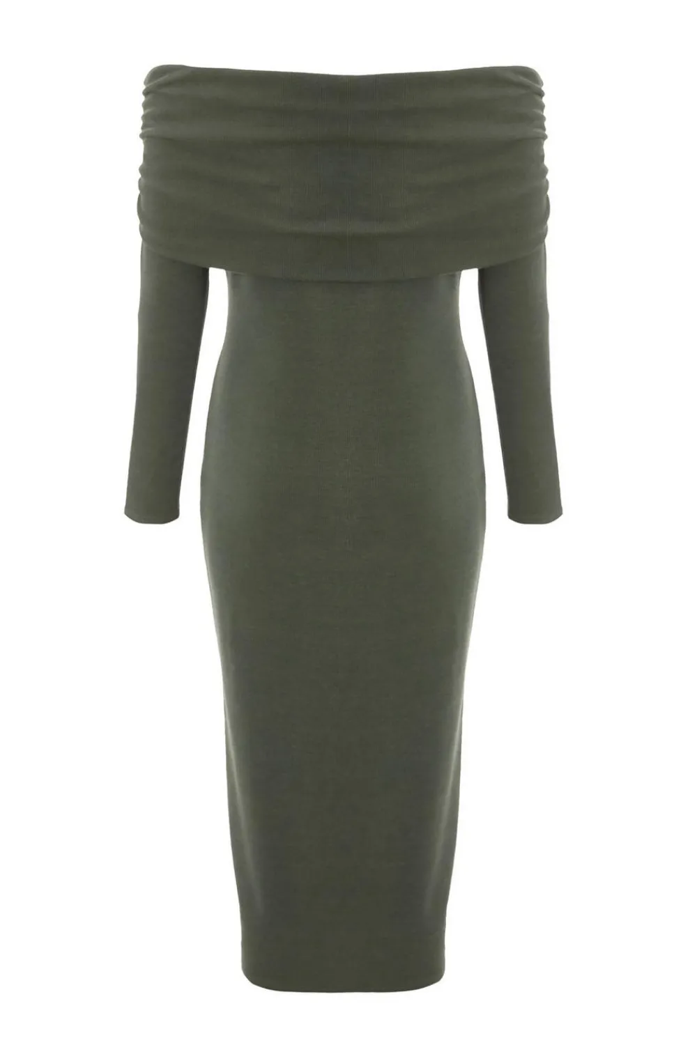 Quiz Going Out|Knitwear>Petite Khaki Ribbed Bardot Midi Dress