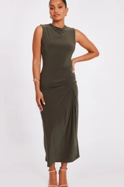 Quiz Day At The Races|Christening Guest>Petite Khaki Ruched Bodycon Midaxi Dress