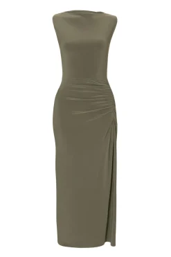 Quiz Day At The Races|Christening Guest>Petite Khaki Ruched Bodycon Midaxi Dress