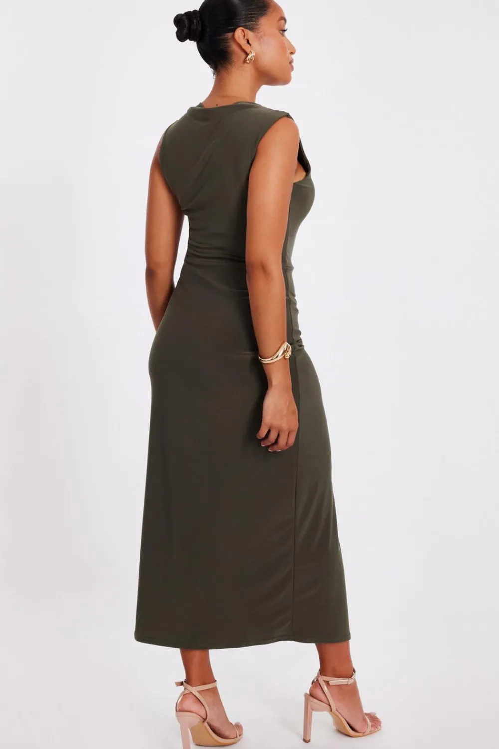 Quiz Day At The Races|Christening Guest>Petite Khaki Ruched Bodycon Midaxi Dress
