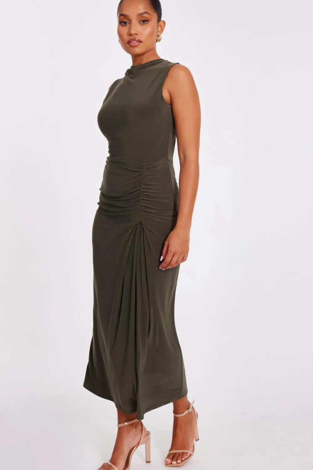 Quiz Day At The Races|Christening Guest>Petite Khaki Ruched Bodycon Midaxi Dress