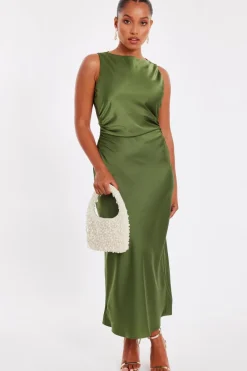 Quiz Day At The Races|Christening Guest>Petite Khaki Satin Ruched Midi Dress