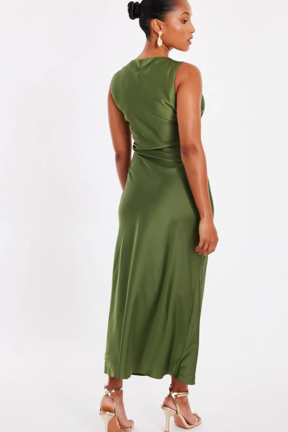 Quiz Day At The Races|Christening Guest>Petite Khaki Satin Ruched Midi Dress