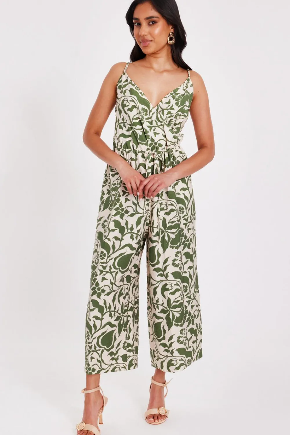 Quiz Summer Jumpsuits|Summer Clothes>Petite Khaki Tropical Print Jumpsuit