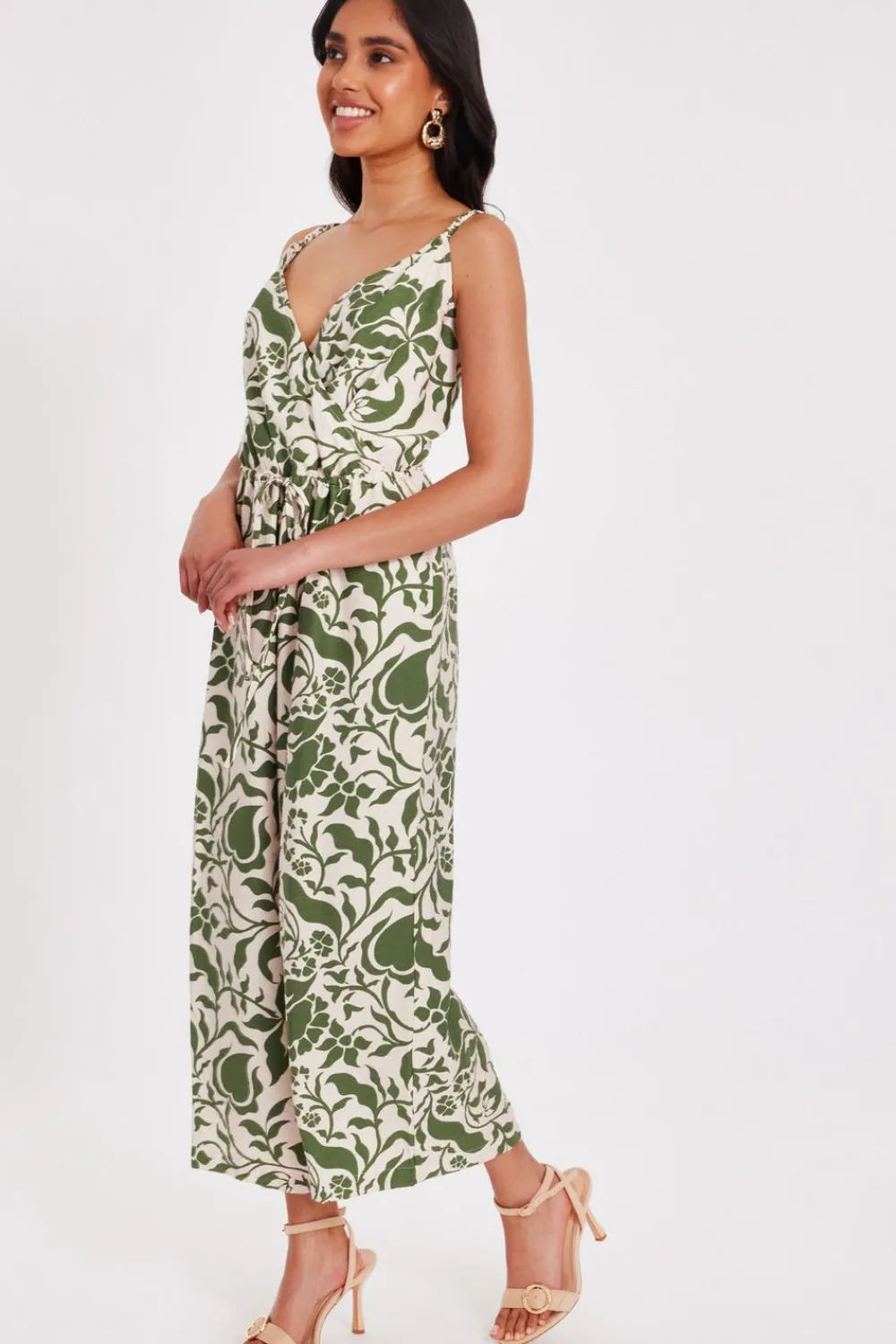Quiz Summer Jumpsuits|Summer Clothes>Petite Khaki Tropical Print Jumpsuit