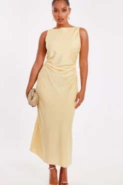 Quiz Evening Dresses|Day At The Races>Petite Light Yellow Satin Ruched Midi Dress