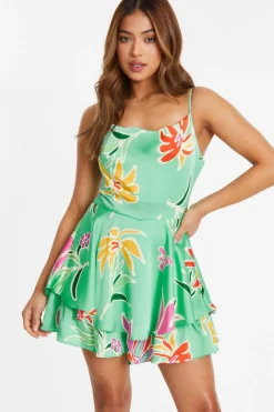 Quiz Playsuits|Summer Clothes>Petite Mint Tropical Print Playsuit