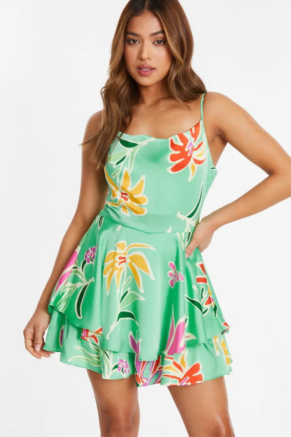 Quiz Playsuits|Summer Clothes>Petite Mint Tropical Print Playsuit