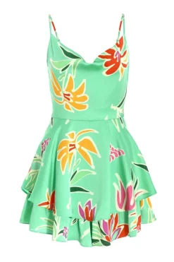 Quiz Playsuits|Summer Clothes>Petite Mint Tropical Print Playsuit
