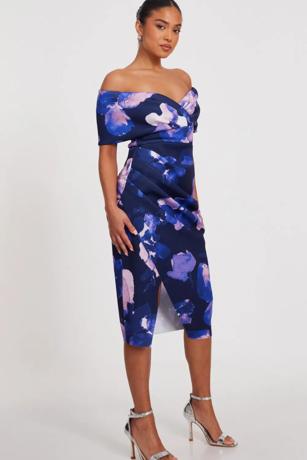 Quiz Day At The Races|Christening Guest>Petite Navy Floral Bardot Midi Dress