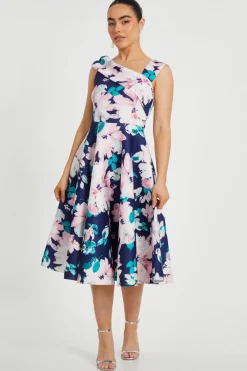 Quiz Day At The Races|Christening Guest>Petite Navy Floral Print Skater Dress