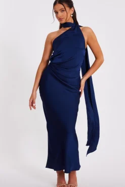 Quiz Prom Dresses|Prom & Ball>Petite Navy Satin Wrap Neck Maxi Dress