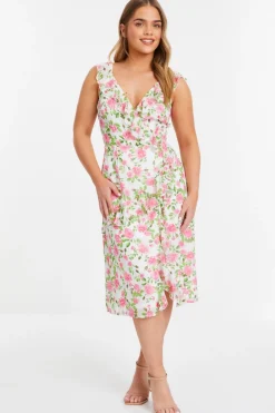 Quiz Holiday|Wrap Dresses>Petite Pink Chiffon Floral Ruffle Wrap Midi Dress