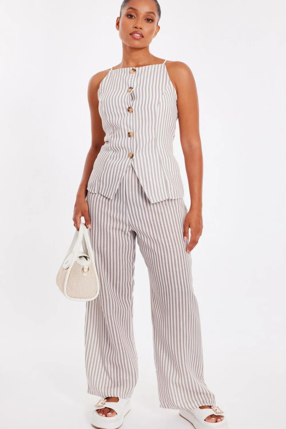 Quiz Trousers|Summer Clothes>Petite Stone Striped Wide Leg Trousers