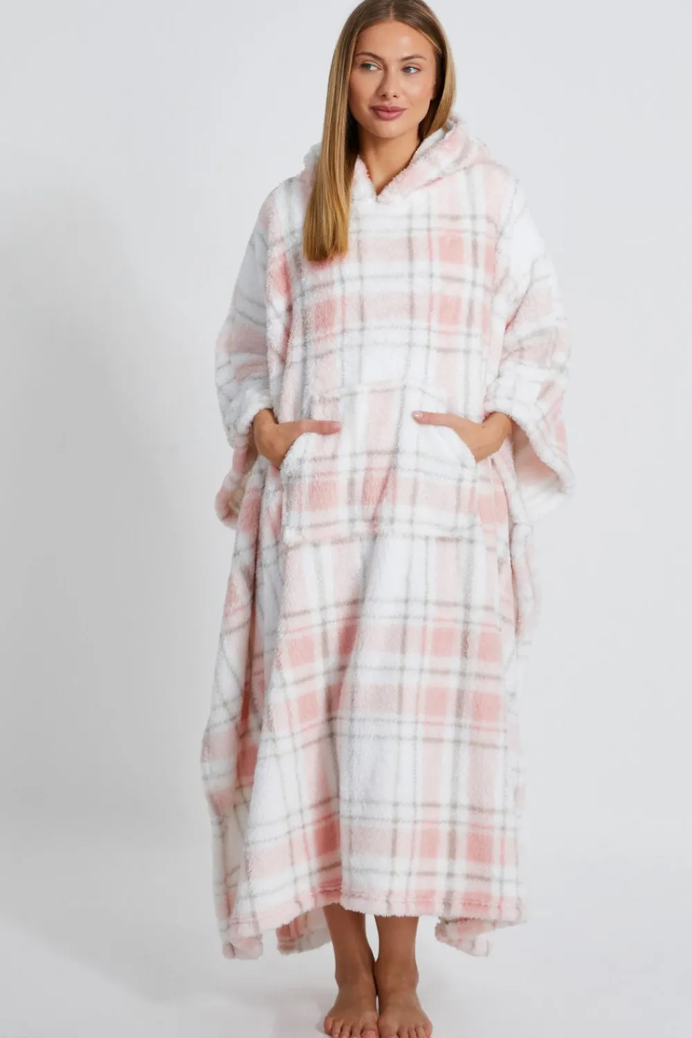 Quiz Nightwear>Pink Check Fleece Blanket Hoodie