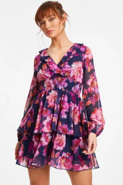 Quiz Mini Dresses|Floral Dresses>Pink Chiffon Floral Tiered Skater Mini Dress
