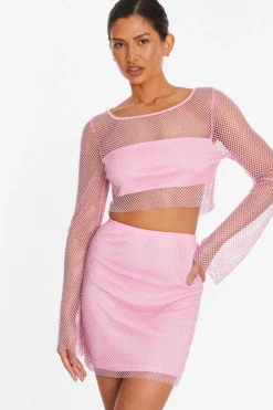 Quiz Summer Tops|Crop Tops>Pink Diamante Embellished Mesh Crop Top