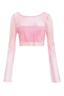 Quiz Summer Tops|Crop Tops>Pink Diamante Embellished Mesh Crop Top