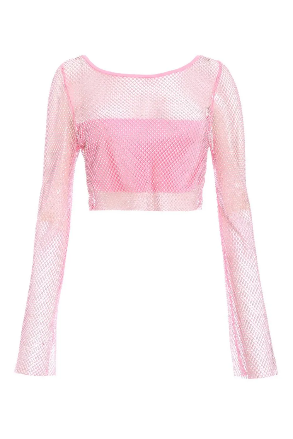 Quiz Summer Tops|Crop Tops>Pink Diamante Embellished Mesh Crop Top