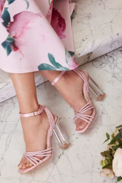 Quiz Shoe & Bag Sets|Heels>Pink Diamante Strap Heeled Sandals