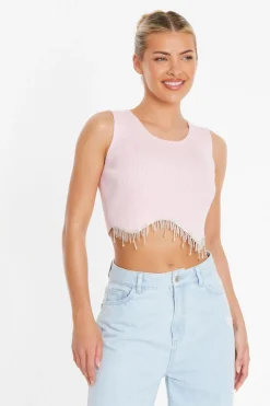 Quiz Going Out Tops|Crop Tops>Pink Diamante Trim Crop Top