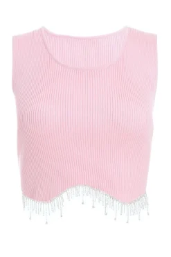 Quiz Going Out Tops|Crop Tops>Pink Diamante Trim Crop Top
