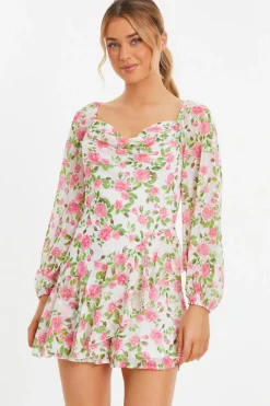 Quiz Holiday|Summer Clothes>Pink Floral Chiffon Playsuit