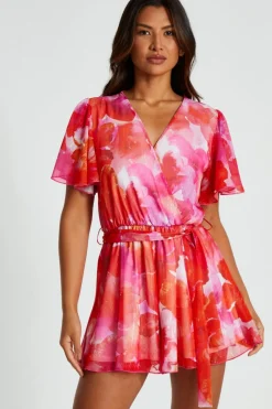 Quiz Playsuits|Summer Clothes>Pink Floral Metallic Wrap Playsuit