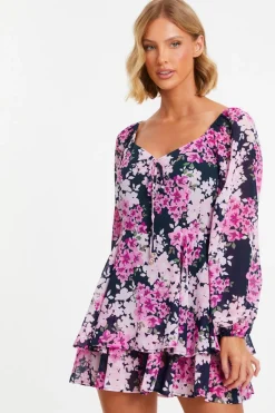 Quiz Playsuits|Playsuits>Pink Floral Tiered Playsuit