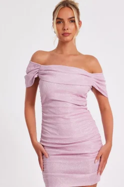 Quiz Going Out|Dresses>Pink Glitter Bardot Mini Dress