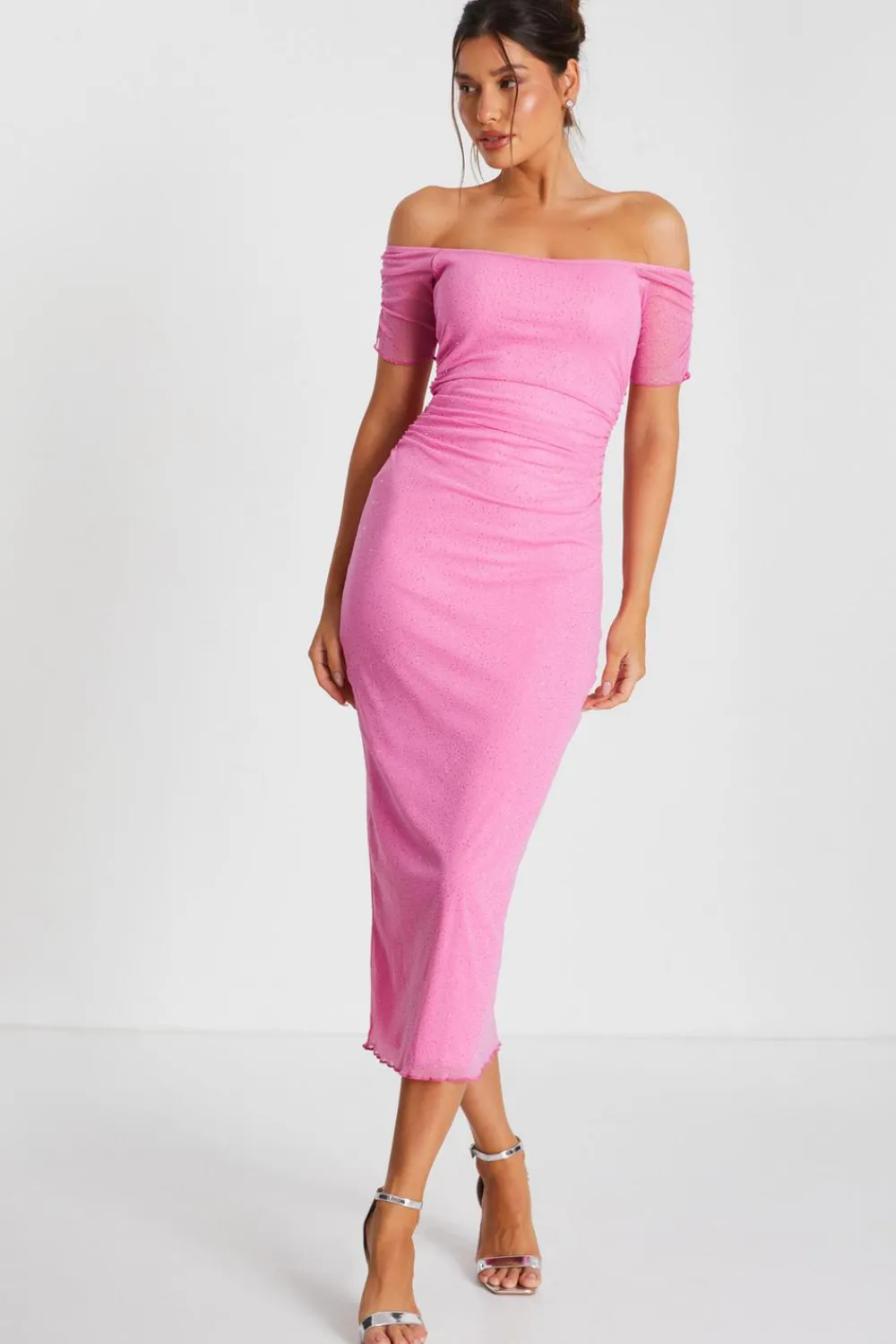 Quiz Summer Clothes|Summer Dresses>Pink Glitter Mesh Bardot Midaxi Dress
