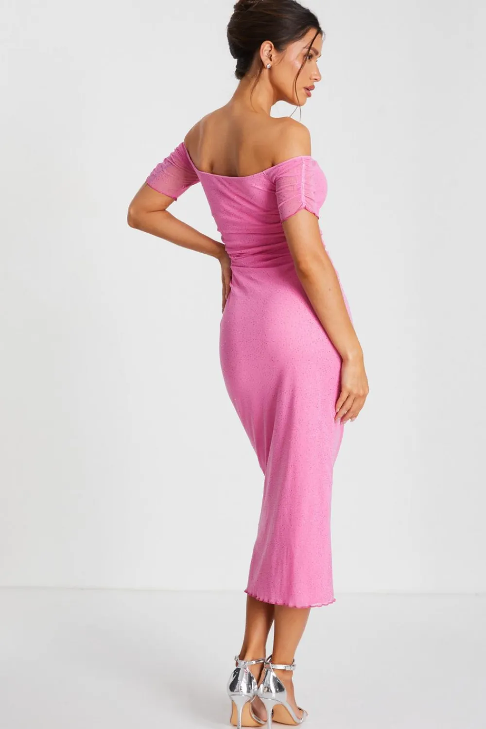 Quiz Summer Clothes|Summer Dresses>Pink Glitter Mesh Bardot Midaxi Dress