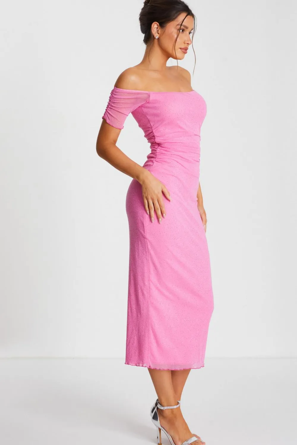 Quiz Summer Clothes|Summer Dresses>Pink Glitter Mesh Bardot Midaxi Dress