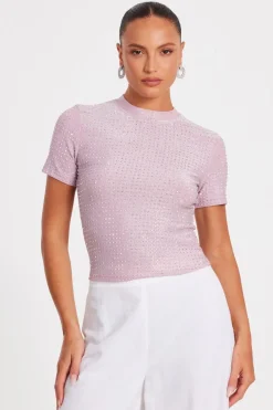 Quiz Summer Tops|Going Out Tops>Pink Knit Embellished Top