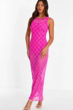 Quiz Summer Clothes|Summer Dresses>Pink Lace Mesh Midaxi Dress