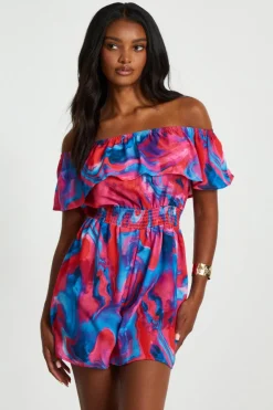 Quiz Playsuits|Summer Clothes>Pink Marble Print Bardot Playsuit