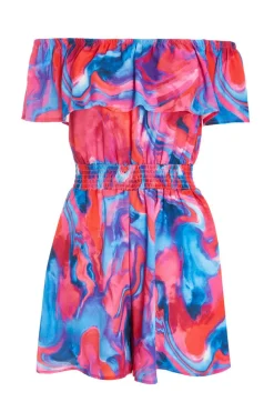 Quiz Playsuits|Summer Clothes>Pink Marble Print Bardot Playsuit