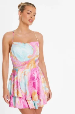 Quiz Playsuits|Playsuits>Pink Marble Print Satin Tiered Playsuit