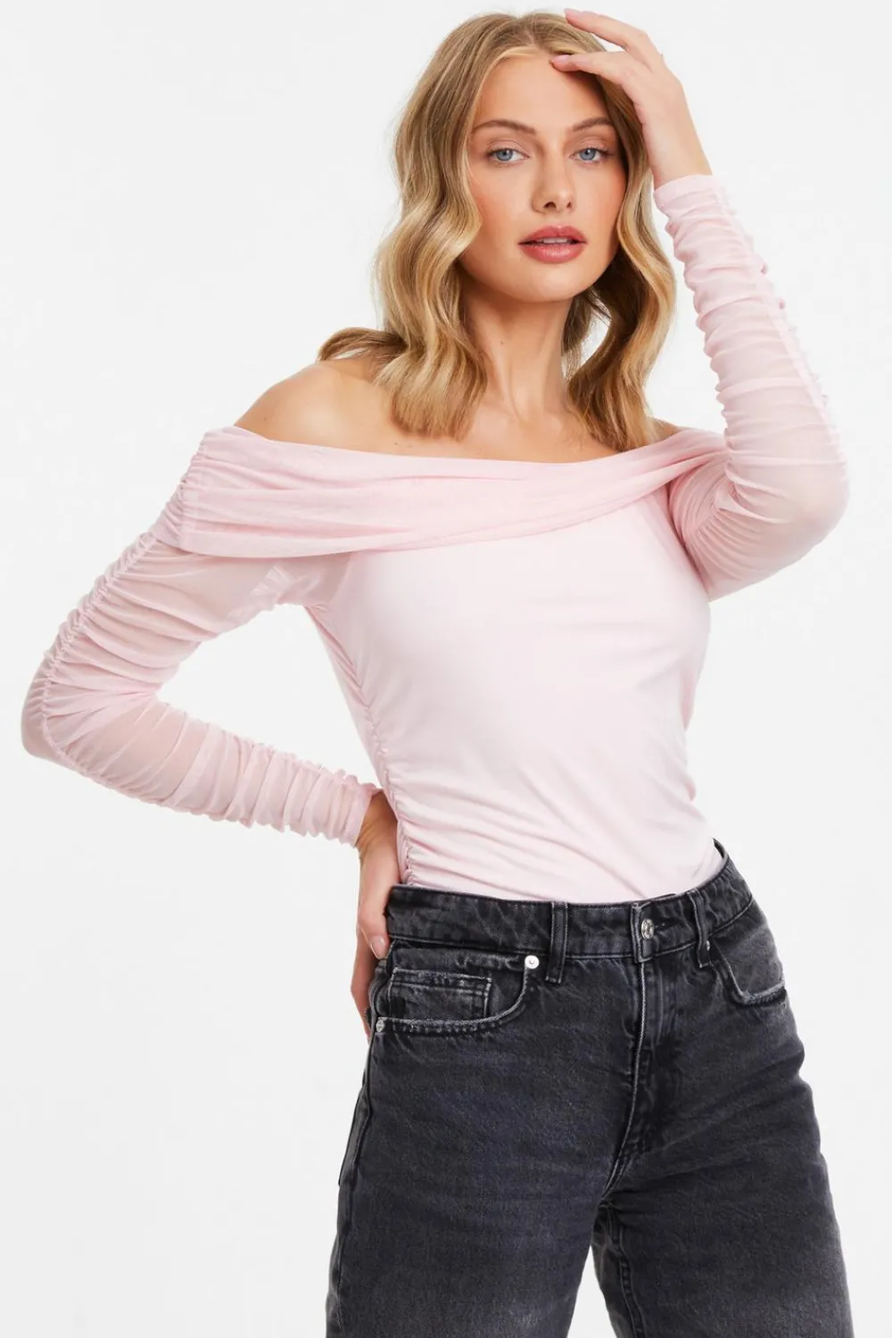 Quiz Going Out Tops|Bardot Tops>Pink Mesh Bardot Top