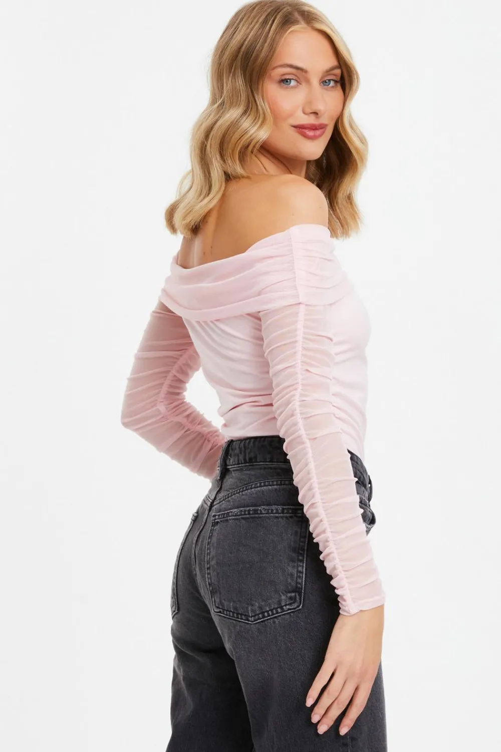 Quiz Going Out Tops|Bardot Tops>Pink Mesh Bardot Top