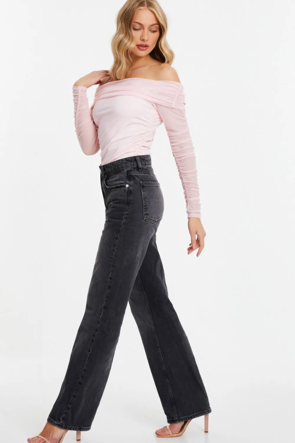Quiz Going Out Tops|Bardot Tops>Pink Mesh Bardot Top