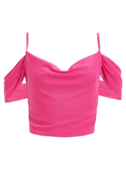Quiz Crop Tops|Bardot Tops>Pink Mesh Drop Shoulder Crop Top