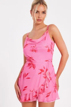 Quiz Playsuits|Summer Clothes>Pink Mesh Floral Playsuit