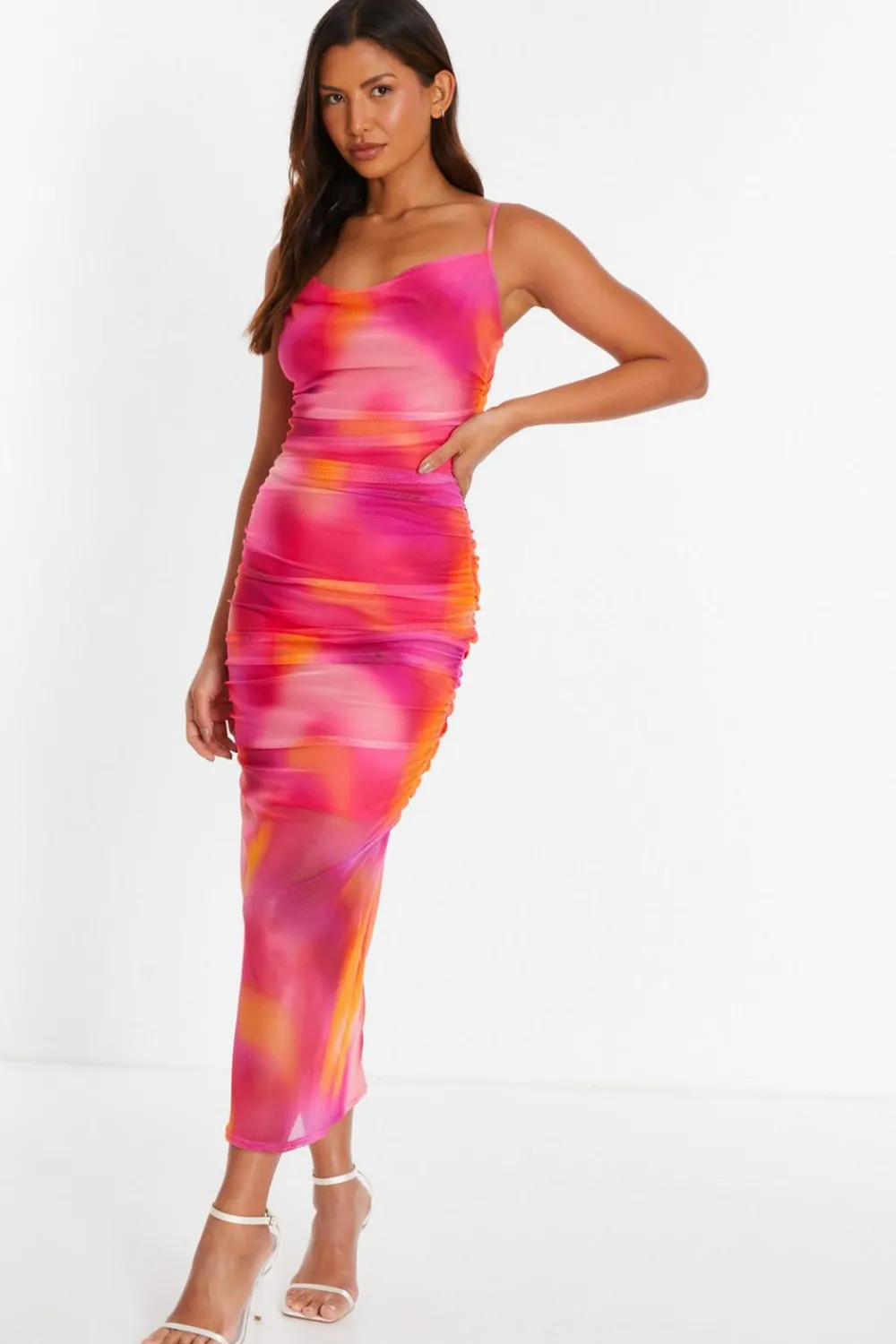 Quiz Holiday|Summer Dresses>Pink Print Mesh Cowl Neck Midaxi Dress