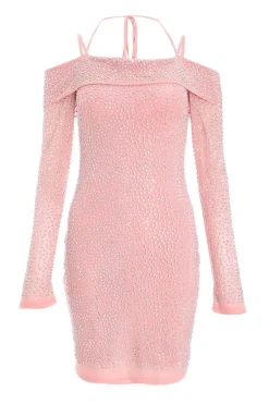 Quiz Pink Dresses|Going Out Dresses>Pink Rhinestone Cold Shoulder Dress