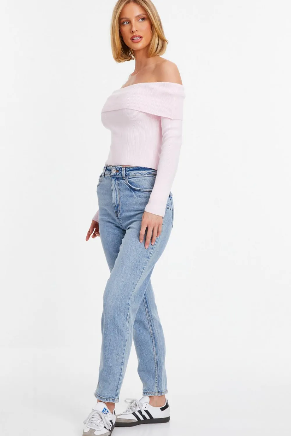 Quiz Bardot Tops|Tops>Pink Ribbed Bardot Jumper