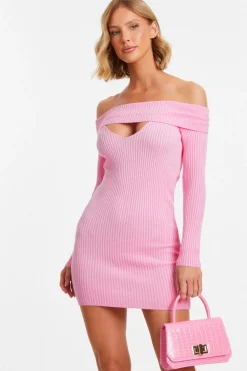 Quiz Knitwear|Pink Dresses>Pink Ribbed Knitted Mini Jumper Dress