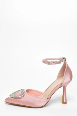 Quiz Prom & Ball|Heels>Pink Satin Diamante Heart Brooch Court Heels